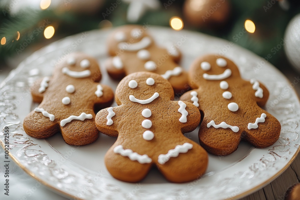 Delicious gingerbread cookies arranged on a decorative plate ready for the festive holiday season Delicious gingerbread cookies arranged on a decorative plate ready for the festive holiday season