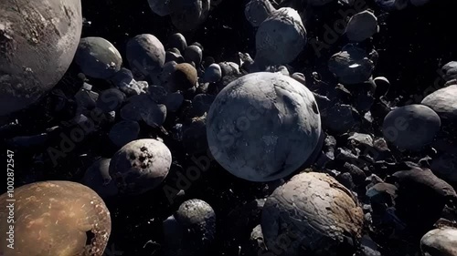 Abstract 3D animation of space rocks floating in the darkness, ideal for sci-fi and fantasy projects.. AI Generation photo