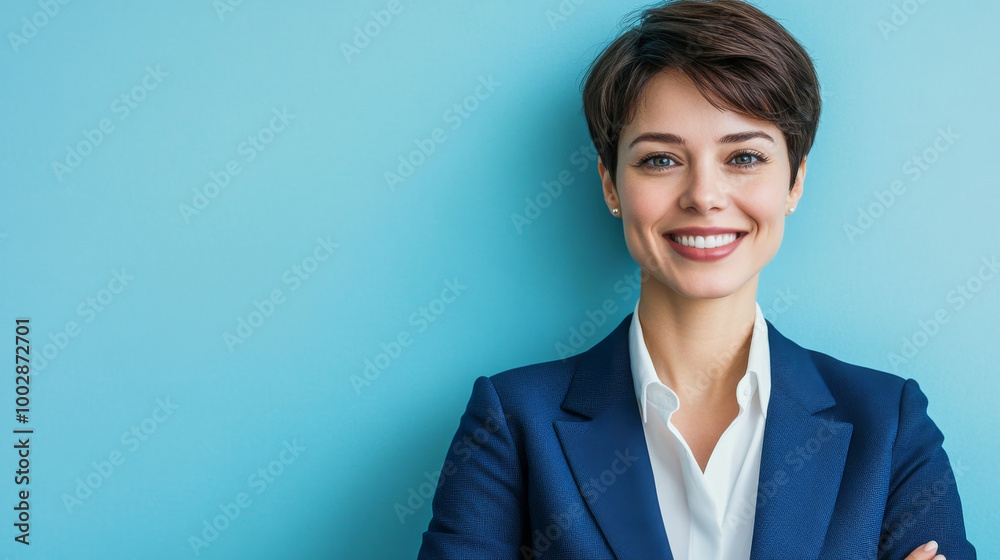 Confident professional woman in blue suit poses for ID against light blue background Confident professional woman in blue suit poses for ID against light blue background