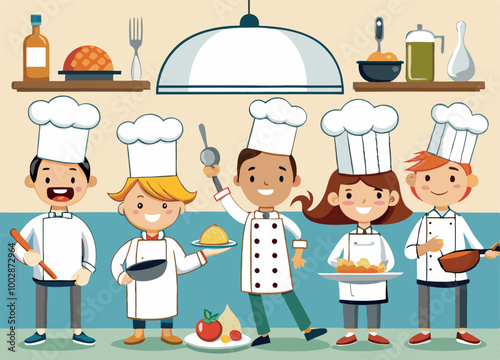 Group of happy cartoon chefs wearing uniforms and toque in a kitchen
