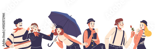 Group Of Mime Artists Characters In Classic Makeup And Costumes Displaying Various Emotions And Gestures With Props