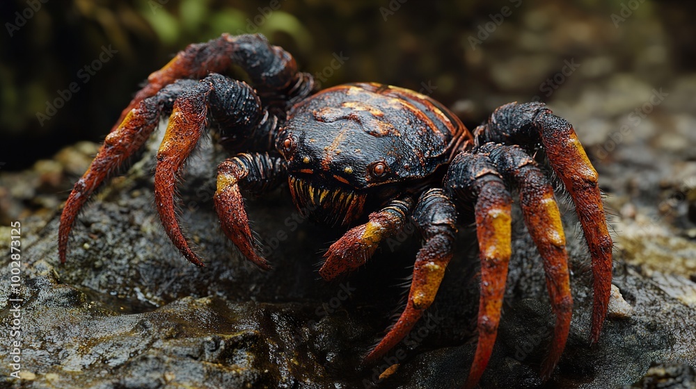 Close-up of a Creepy Spider with Red and Yellow Stripes Close-up of a Creepy Spider with Red and Yellow Stripes