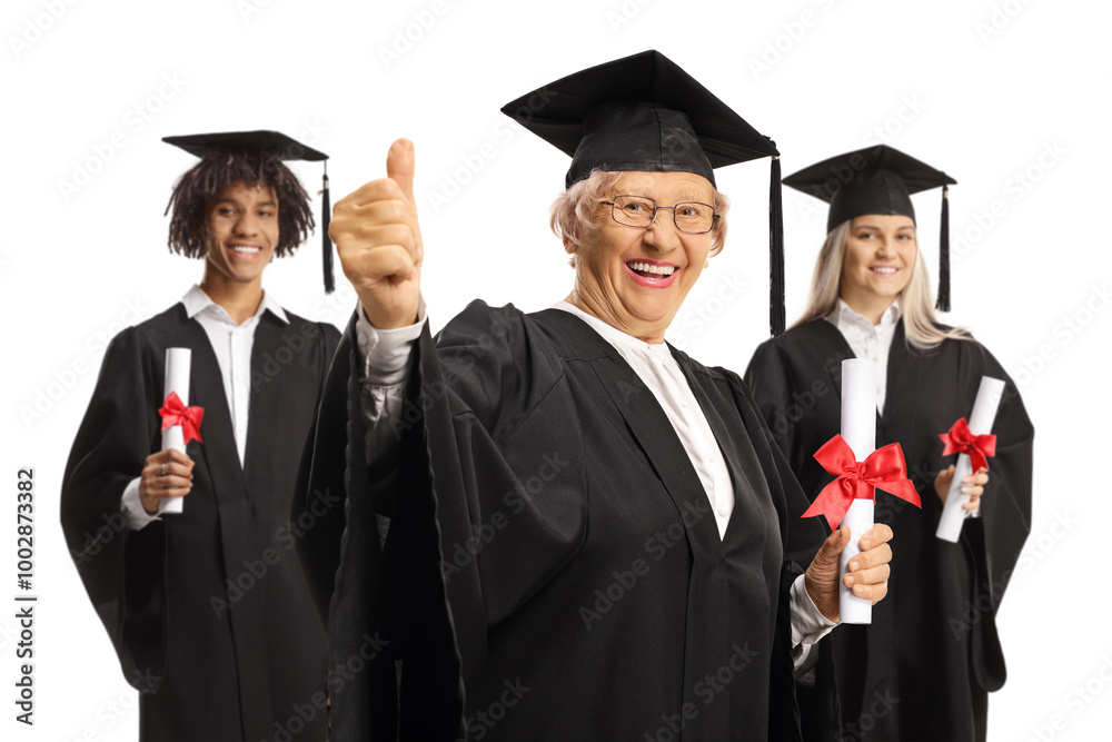 Senior woman with graduate students in gowns Senior woman with graduate students in gowns