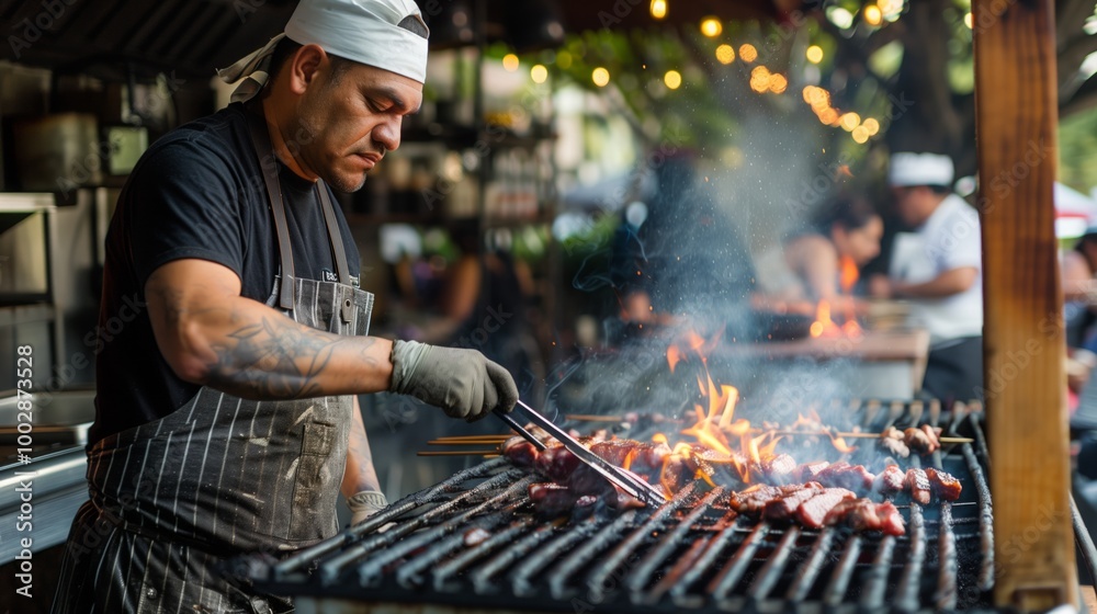 A man is cooking food on a grill A man is cooking food on a grill