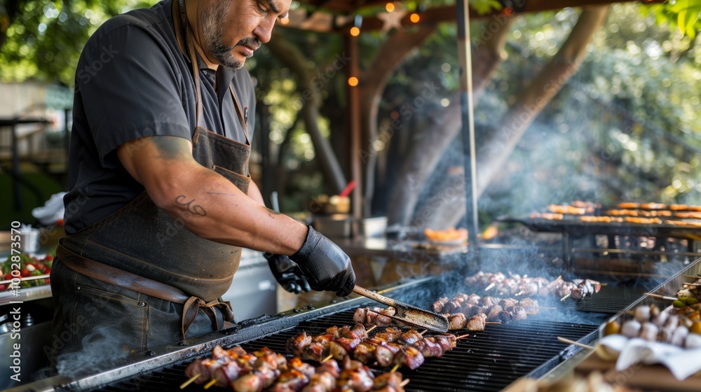A man is cooking food on a grill A man is cooking food on a grill