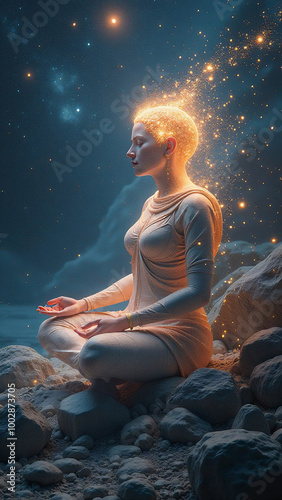 Meditating figure under a starry sky with cosmic energy swirling around