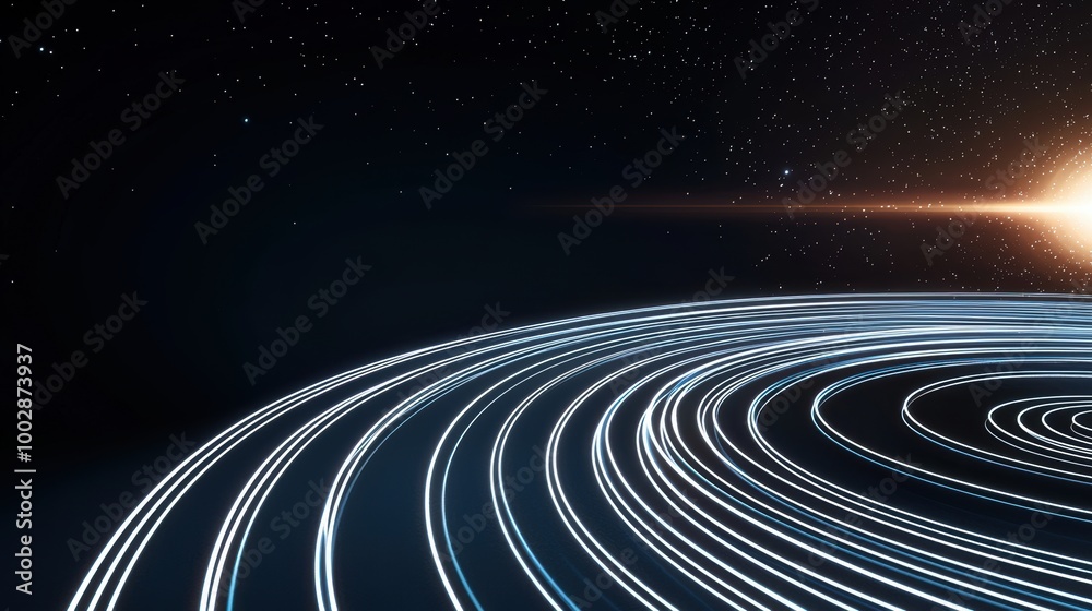 Abstract planet orbit lines in outer space A mesmerizing depiction of glowing orbital lines around a planet in space, with distant stars and sunlight on the horizon Abstract planet orbit lines in outer space A mesmerizing depiction of glowing orbital lines around a planet in space, with distant stars and sunlight on the horizon