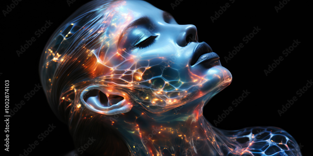 generated illustration of translucent woman face and head made of glowing net of light generated illustration of translucent woman face and head made of glowing net of light