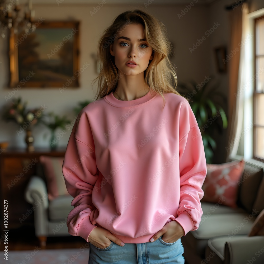 portrait of a woman in pink sweatshirt with a living room as the background portrait of a woman in pink sweatshirt with a living room as the background