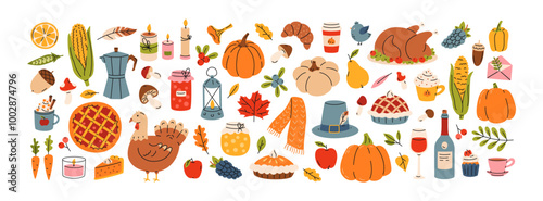 Vector flat set of Thanksgiving day. Harvest festival elements, turkey, corn, pumpkin pie, wine, autumn leaves, coffee, candle. Family holiday icons for greeting card, scrapbooking, stickers, print