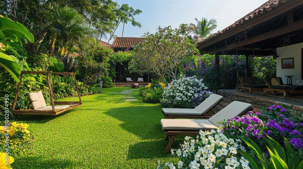A lush green garden with a mix of trees and vibrant flowers in white, purple, and yellow. Lounge chairs and a wooden swing are set up for relaxing afternoons outdoors. A lush green garden with a mix of trees and vibrant flowers in white, purple, and yellow. Lounge chairs and a wooden swing are set up for relaxing afternoons outdoors.