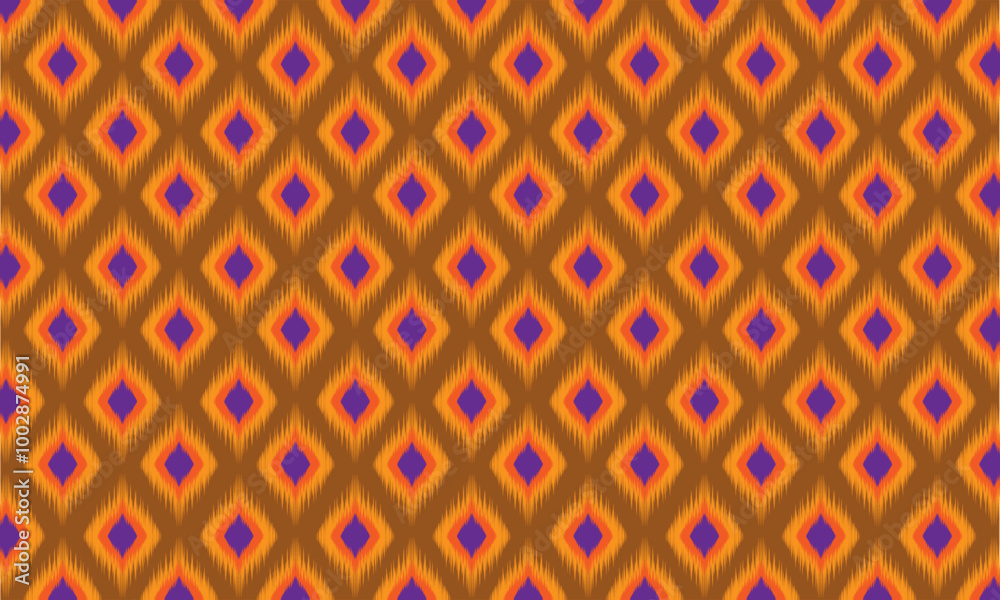 Seamless yellow, orange and purple ikat fabric pattern on abstract brown background. Seamless yellow, orange and purple ikat fabric pattern on abstract brown background.