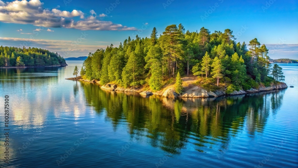 A serene wooded peninsula jutting out into the calm water with a forced perspective effect A serene wooded peninsula jutting out into the calm water with a forced perspective effect