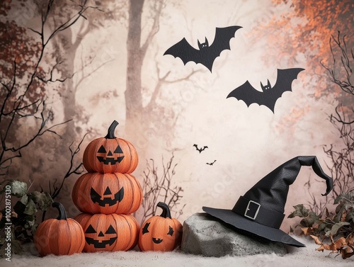 Spooky Autumn Backdrop with Pumpkins Bats and Witch s Hat photo