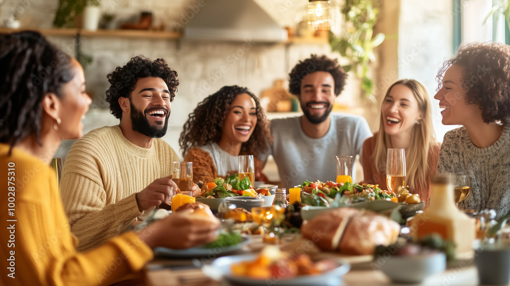 A group of friends share a meal and laughs together. A group of friends share a meal and laughs together.