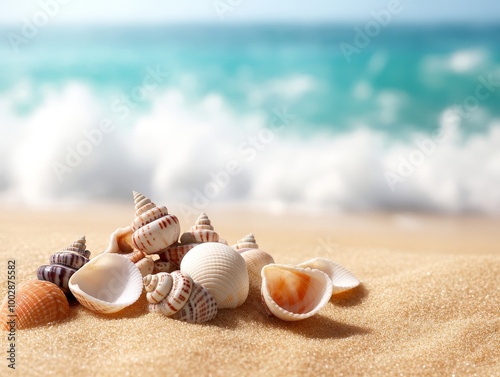 Variety of Seashells Lying on Soft Golden Sand with Turquoise Ocean Waves in the Background