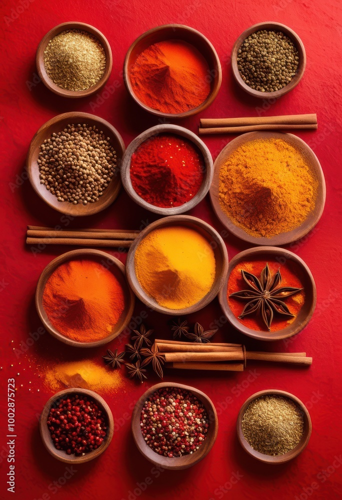 vibrant red surface displaying textured sprinkle various spices creating stunning visual composition, design, modern, pattern, variety, artistic vibrant red surface displaying textured sprinkle various spices creating stunning visual composition, design, modern, pattern, variety, artistic