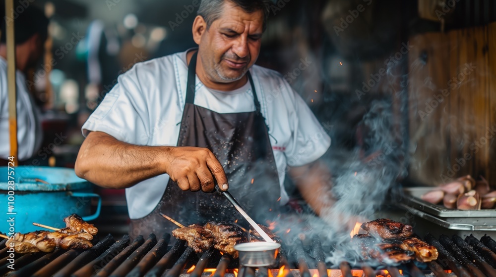 A man is cooking meat on a grill A man is cooking meat on a grill