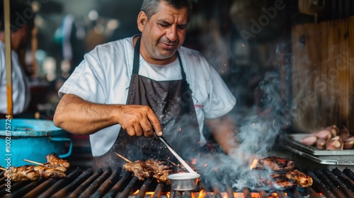 A man is cooking meat on a grill