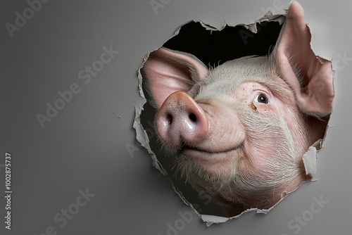 Fototapeta Naklejka Na Ścianę i Meble -  Adorable pig poking its head through a torn paper wall, symbolizing curiosity, humor, and the playful nature of farm animals in a joyful breakthrough moment, Generative AI