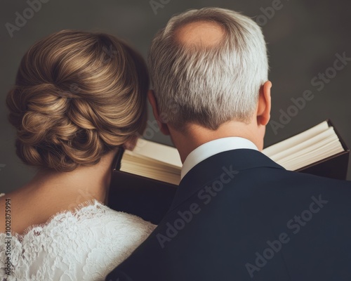 A couple reading a book together, symbolizing love and connection. photo