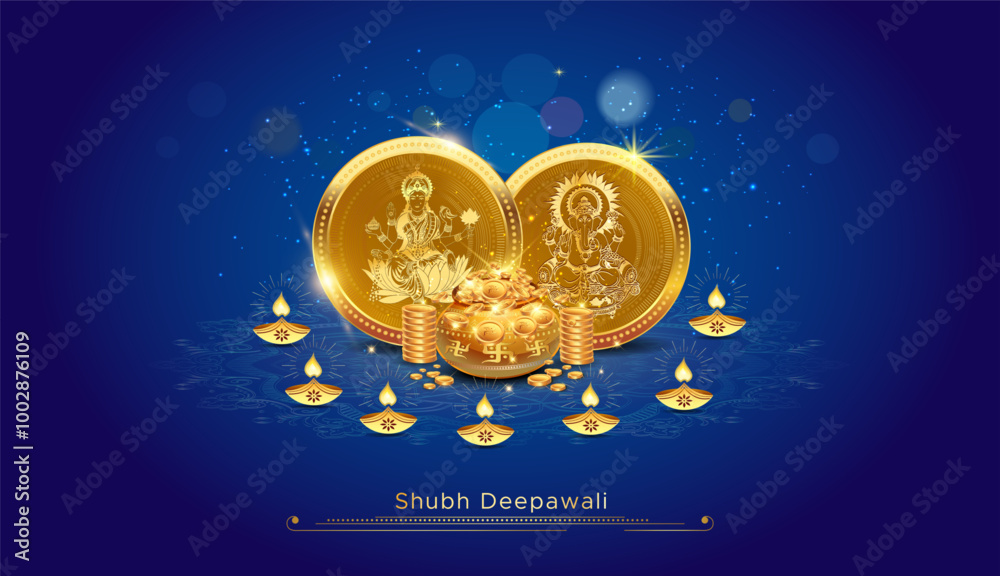 Fototapeta premium Happy Dhanteras. Maa Laxmi gold coins for diwali festival.