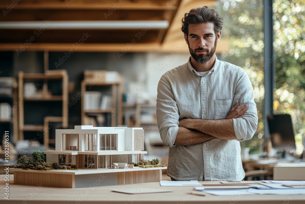Young businessman or architect with model of a house standing in office, working, Generative AI
