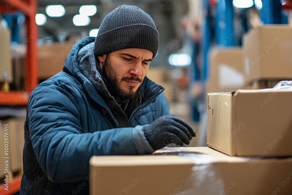 Male warehouse worker sealing cardboard boxes, Generative AI Male warehouse worker sealing cardboard boxes, Generative AI