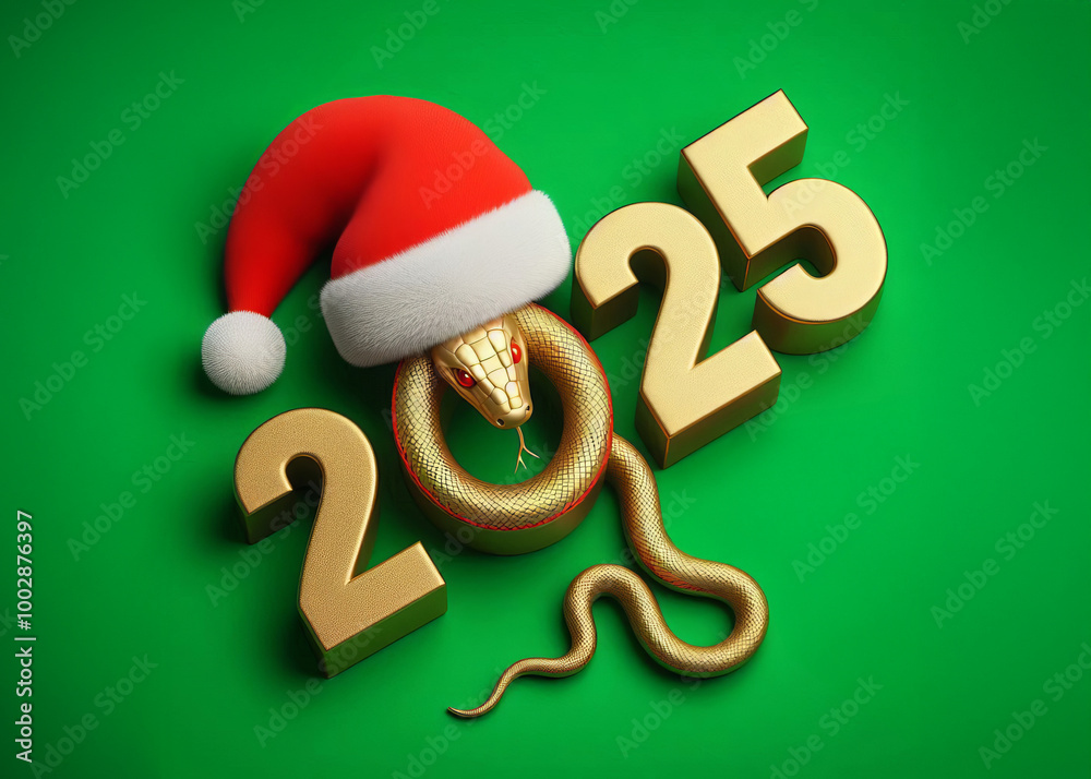 Golden snake wearing Santa hat coiled around 2025 numbers on green background. 3D illustration for New Year celebration. Christmas and New Year concept. Golden snake wearing Santa hat coiled around 2025 numbers on green background. 3D illustration for New Year celebration. Christmas and New Year concept.