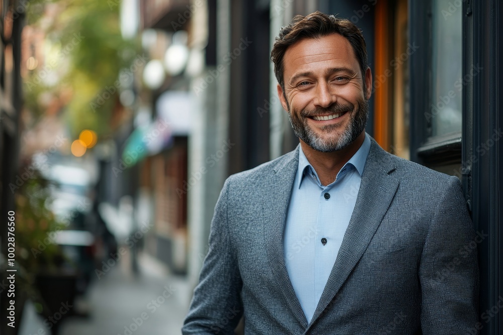 Fototapeta premium Smiling businessman wearing suit feeling happy standing outside banking office, Generative AI