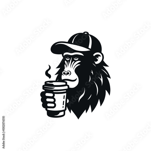 Baboon in a baseball cap holding coffee. Logo, emblem, sign, icon. simple black and white vector illustration
