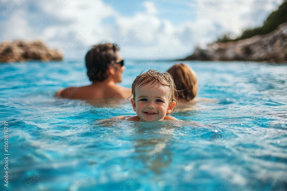 Happy family with little son enjoying time in sea in exotic country, Generative AI Happy family with little son enjoying time in sea in exotic country, Generative AI