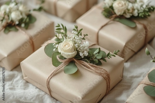 High angle view of wedding gift wrapped in eco paper papckaging and flower decoration, Generative AI