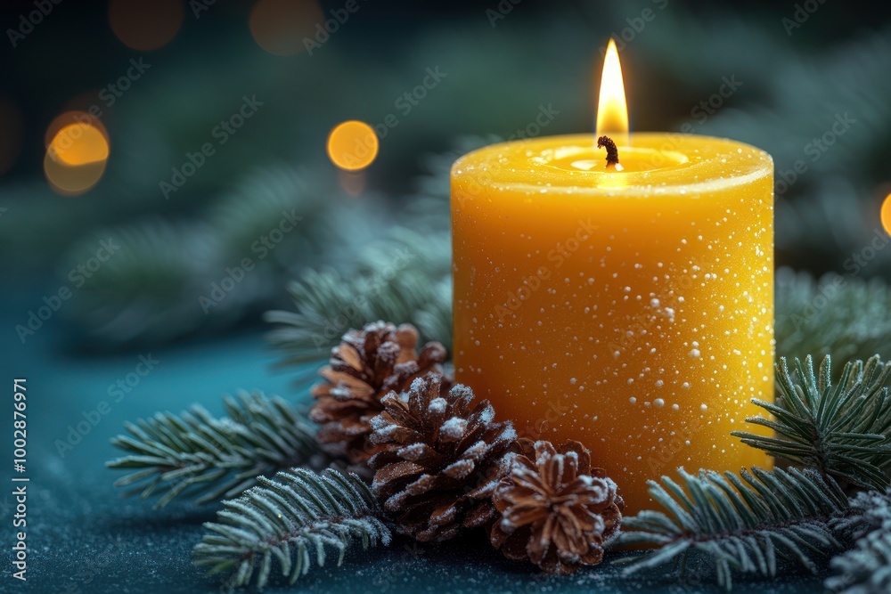 A golden candle glows softly, surrounded by frosted pinecones and branches in winter decor A golden candle glows softly, surrounded by frosted pinecones and branches in winter decor