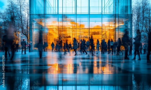 Blurred business people meeting in modern glass office building, Generative AI