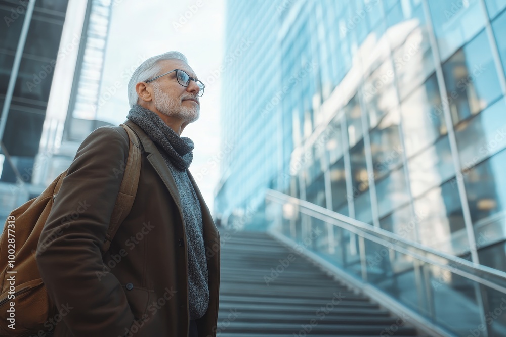 Fototapeta premium Side view of senior investor walking on stairs outside the office building in the city, Generative AI