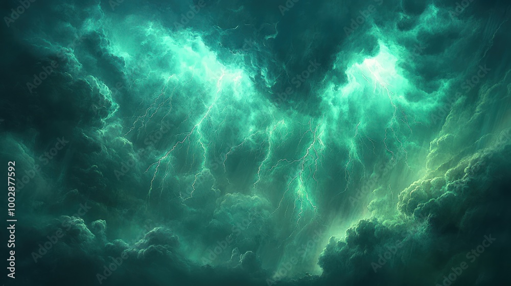 Fototapeta premium A dramatic, swirling sky with vibrant green lightning streaks cutting through dark clouds.