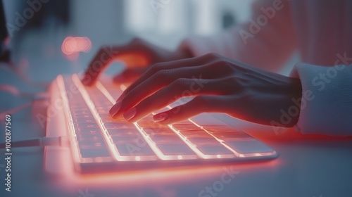 A photo of someone's hands working on a computer. It looks simple and clean. The light is soft and cool to the eyes.