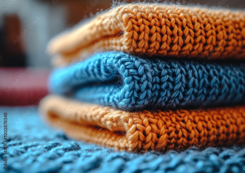 Soft knitted blankets stacked together in warm colors on a cozy surface Soft knitted blankets stacked together in warm colors on a cozy surface