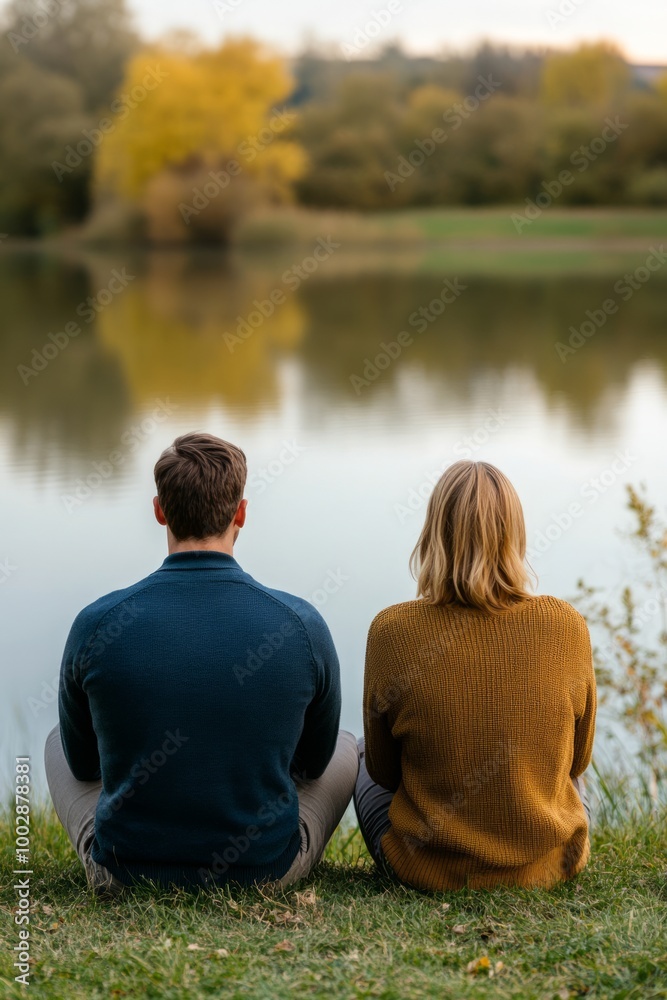 A couple sits by a tranquil lake, enjoying nature and each other's company. A couple sits by a tranquil lake, enjoying nature and each other's company.