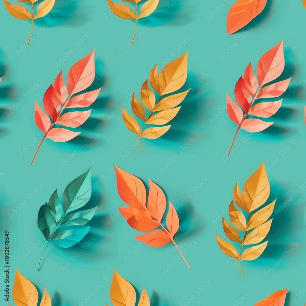 Obraz premium A blue background with a pattern of leaves in various colors