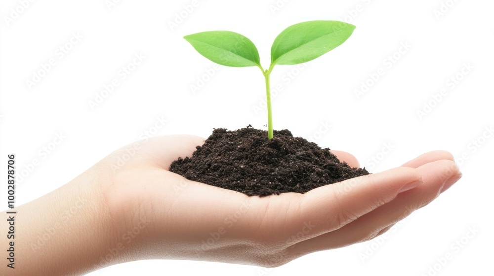 A hand holding soil with a small green plant sprouting, symbolizing growth and care for nature. A hand holding soil with a small green plant sprouting, symbolizing growth and care for nature.