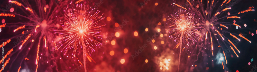 Obraz premium Fireworks sylvester 2025, silvester, happy new Year, New Year's Eve festival background banner panorama - Colorful firework pyrotechnics on dark black night sky