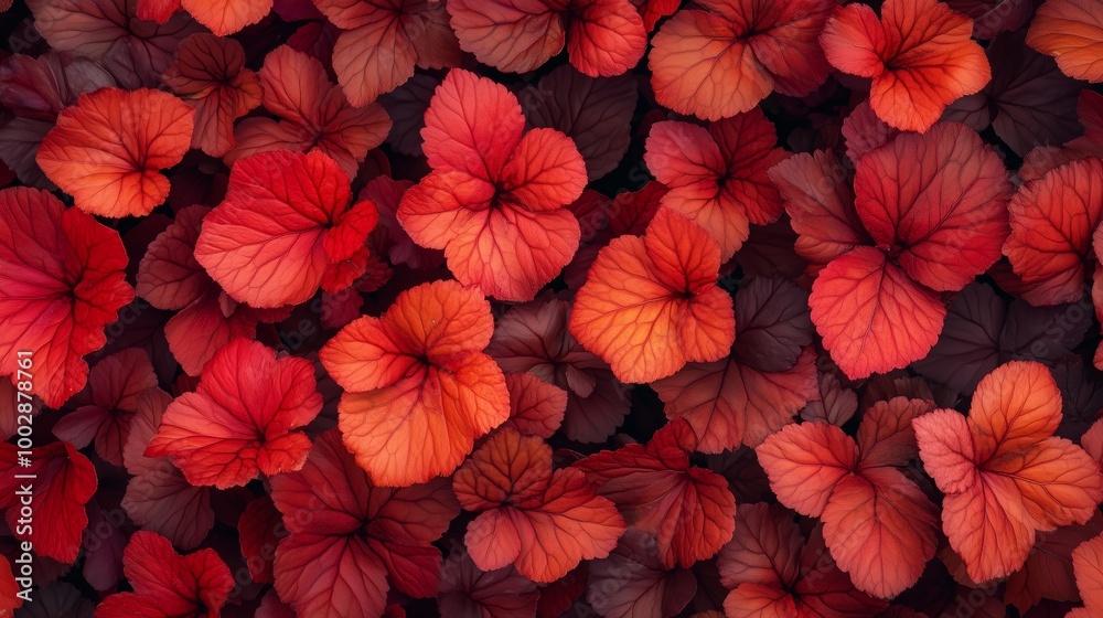 Vibrant leaves of red and orange plants densely cover the ground in an autumn garden during a sunny afternoon Vibrant leaves of red and orange plants densely cover the ground in an autumn garden during a sunny afternoon