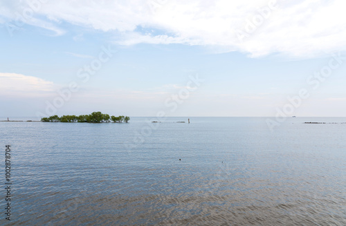 Natural photo of Viewpoint Public park Kalong beach, Samut Sakhon Thailand. Mangrove forest landscape estuary of the Gulf of Thai brackish sea water with a cloudy evening sky. photo