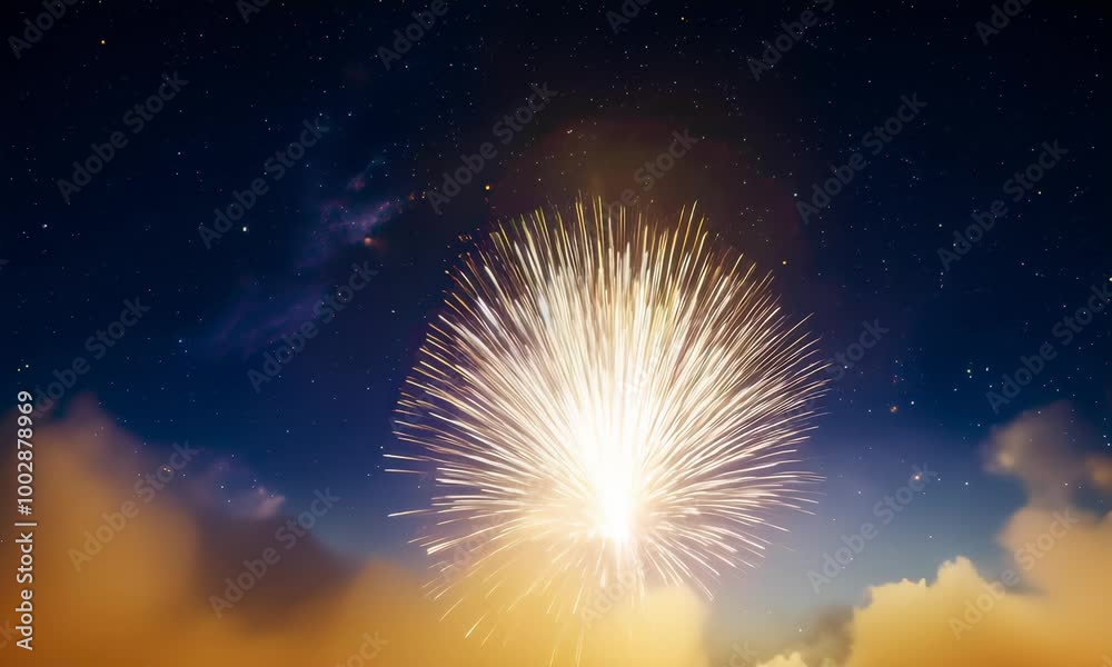 A breathtaking firework display exploding in the night sky, with bright sparks and streaks of light against a backdrop of stars and clouds. A breathtaking firework display exploding in the night sky, with bright sparks and streaks of light against a backdrop of stars and clouds.