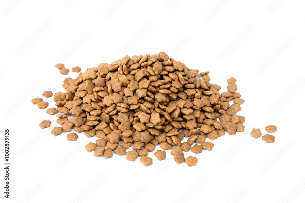 Pet treats with contains essential flavors and nutrients. Cat crunchy biscuits. Pile of dry cat food pellets come is a a brown star shaped isolated on white background. Pet treats with contains essential flavors and nutrients. Cat crunchy biscuits. Pile of dry cat food pellets come is a a brown star shaped isolated on white background.