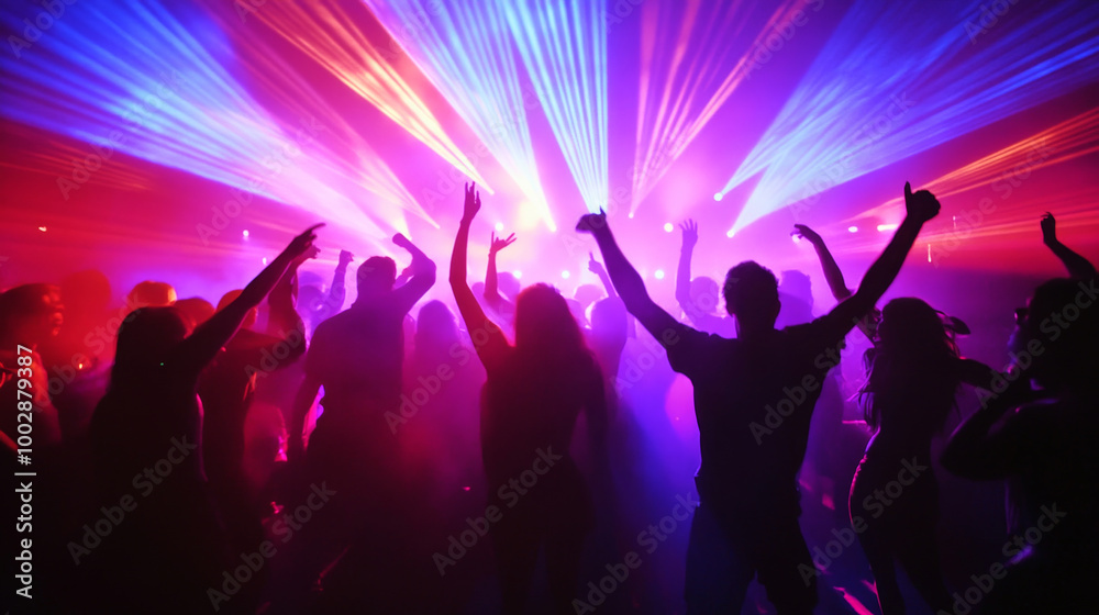Colorful lights illuminate a vibrant nightclub filled with energetic dancers and music Colorful lights illuminate a vibrant nightclub filled with energetic dancers and music