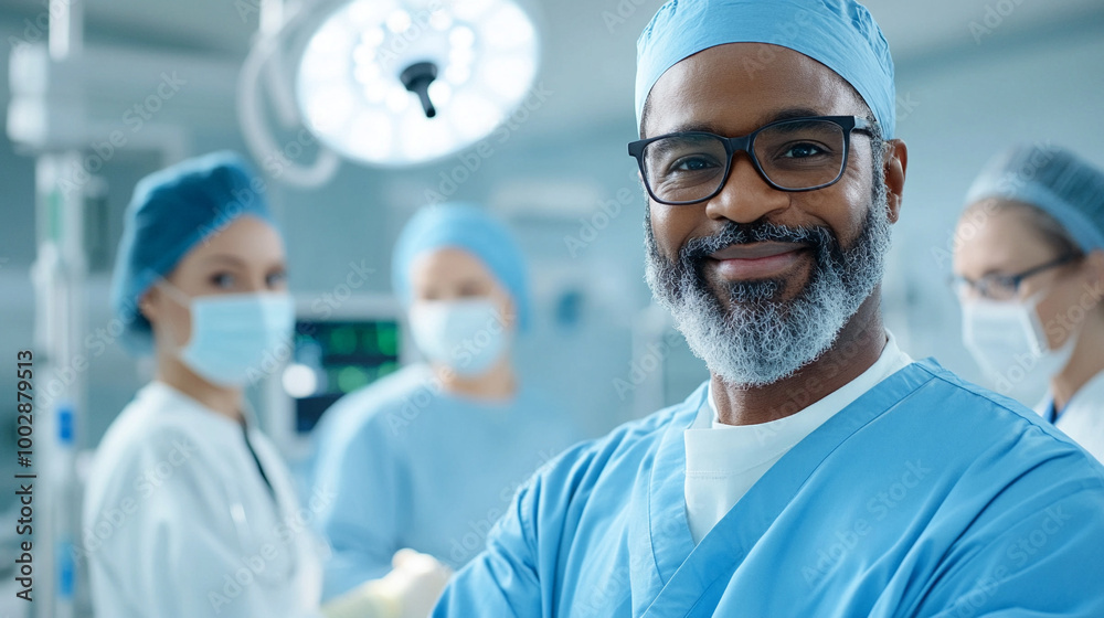 
Surgeon and team working in a sterile operating room, healthcare teamwork,
