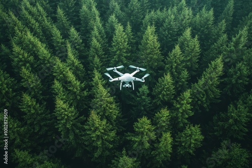 Aerial view of a drone moderning over forest, monitoring and analyzing in forestry management. Dron mapping forest after natural disaster assessing, Generative AI